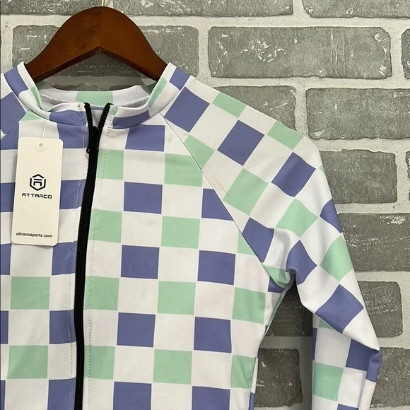 Attraco‎ Sport Purple-Green Plaid Long Sleeve Swimsuit UPF50+ Rash Guard Small - Picture 6 of 16